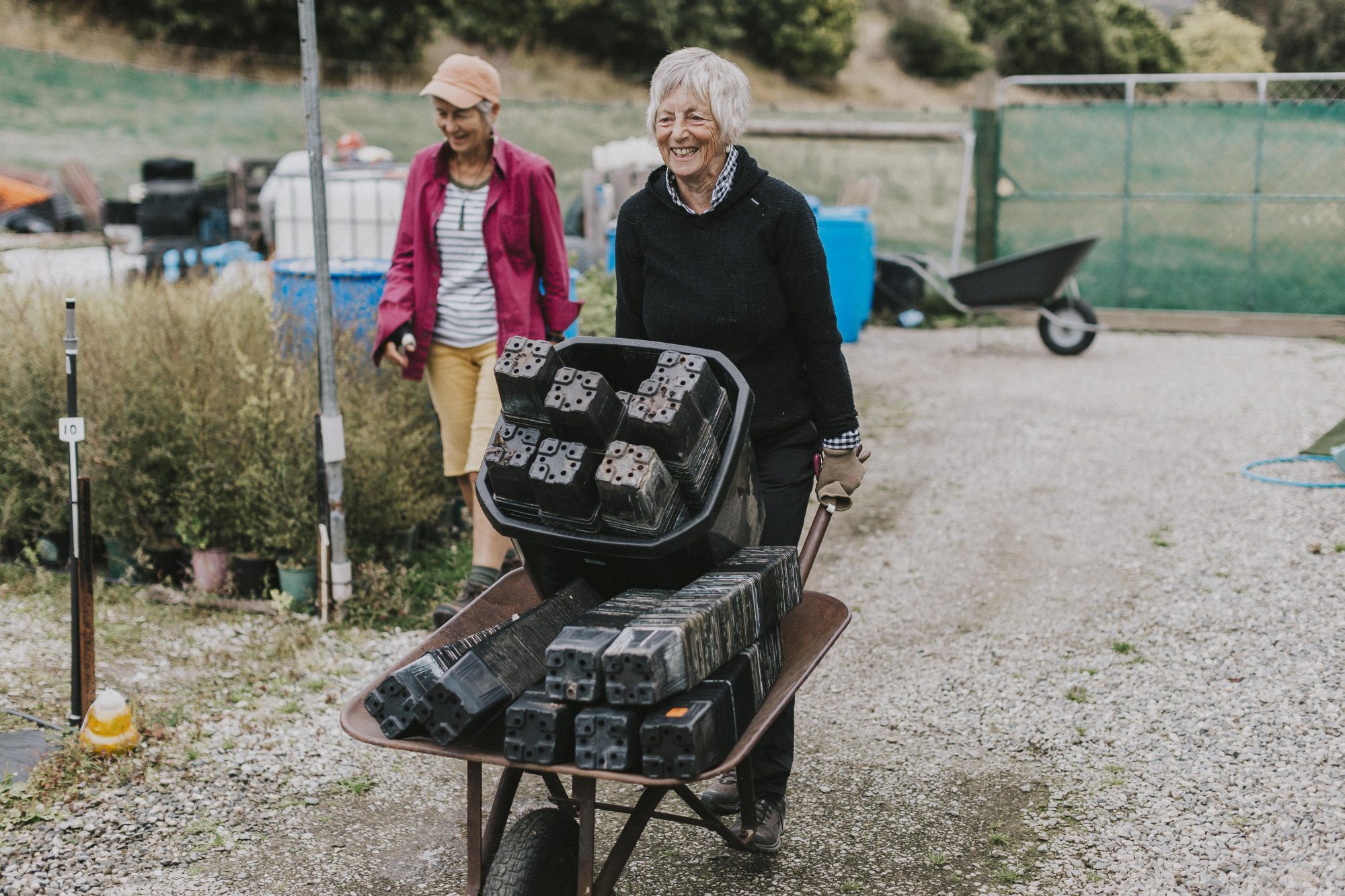 Woman walking with wheelbarrow.