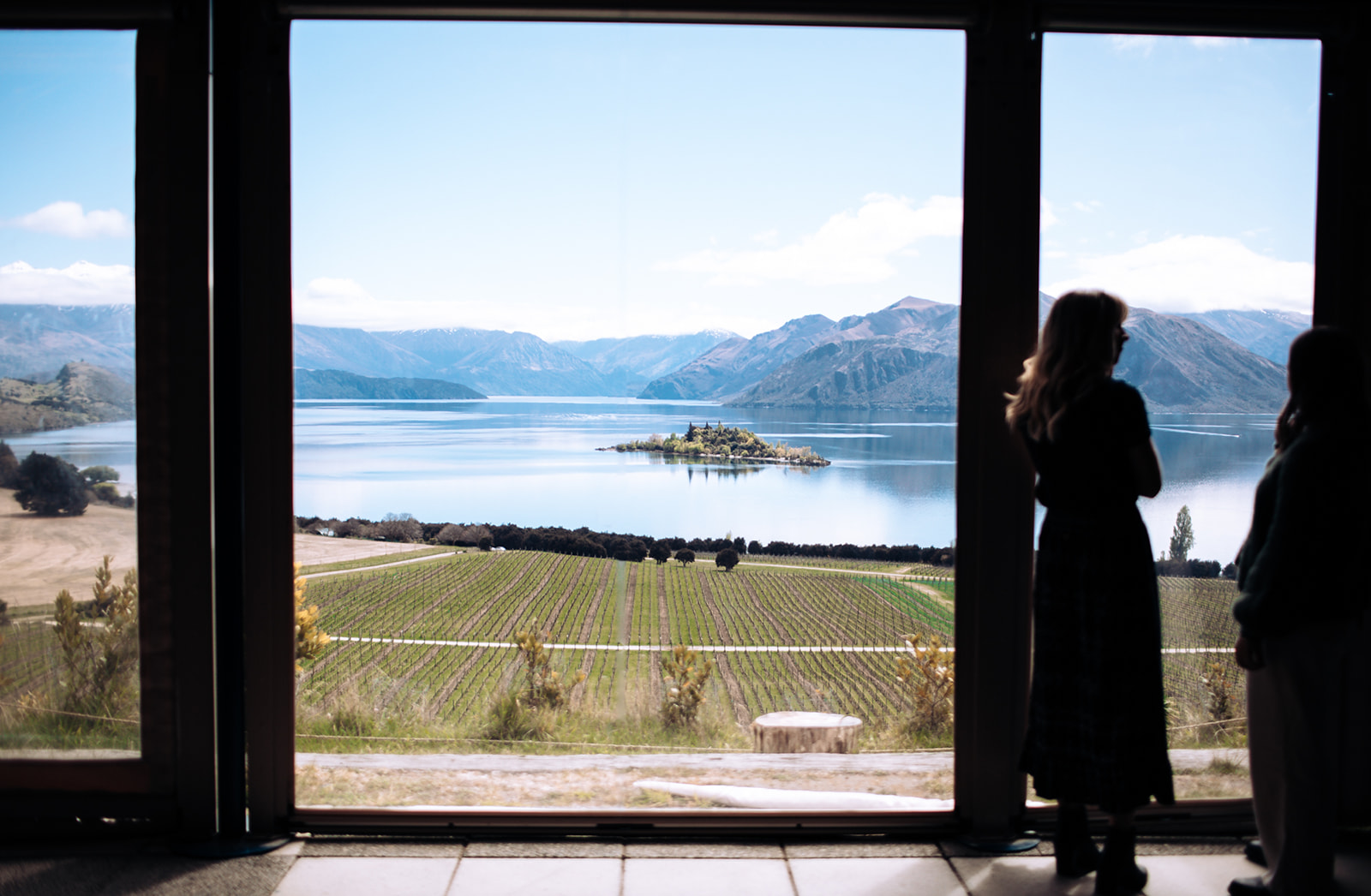 View overlooking a lake at a vineyard.