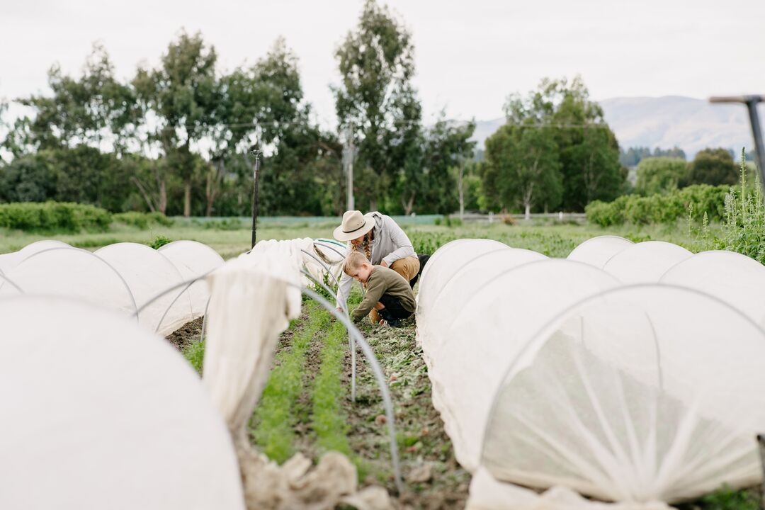 Mother and child in vegetable farm