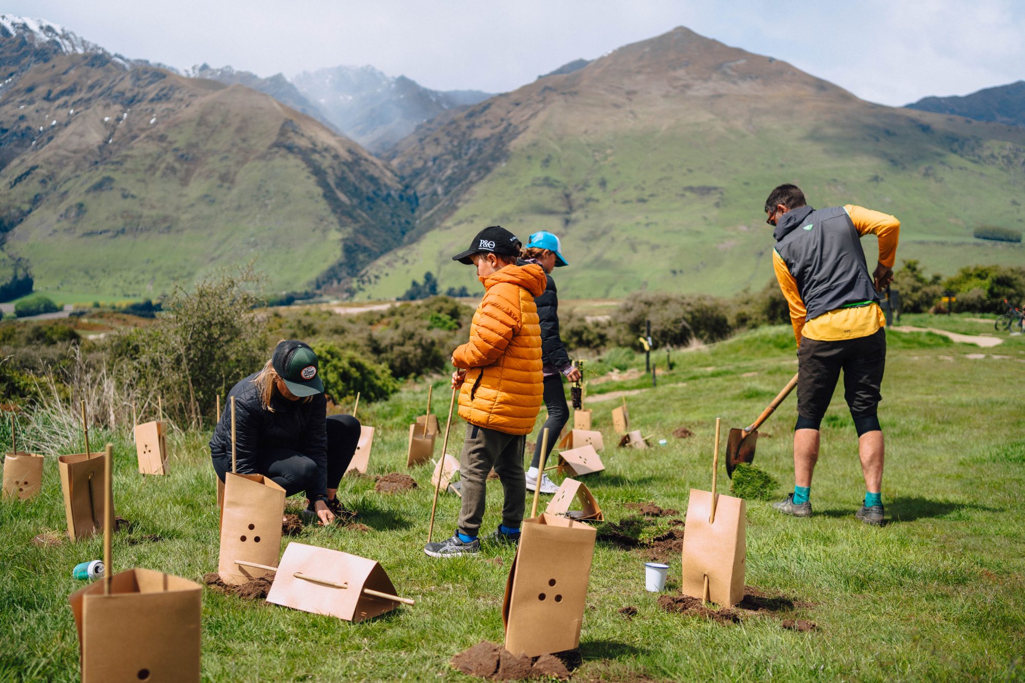 Volunteers planting native trees at Bike Glendhu's mountain bike park in Wānaka, working together to enhance the natural landscape with rolling hills in the background