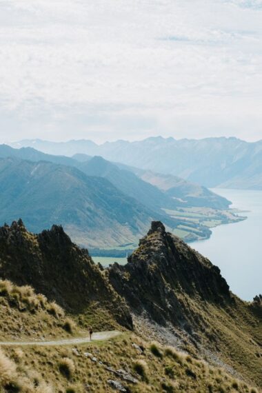 Mountain range with lake backdrop