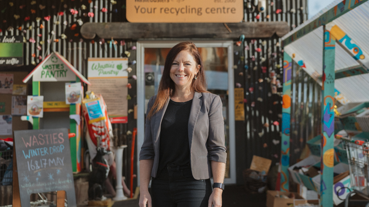 Kate Meyer from Planetary Accounts standing outside Wastebusters in Wānaka New Zealand